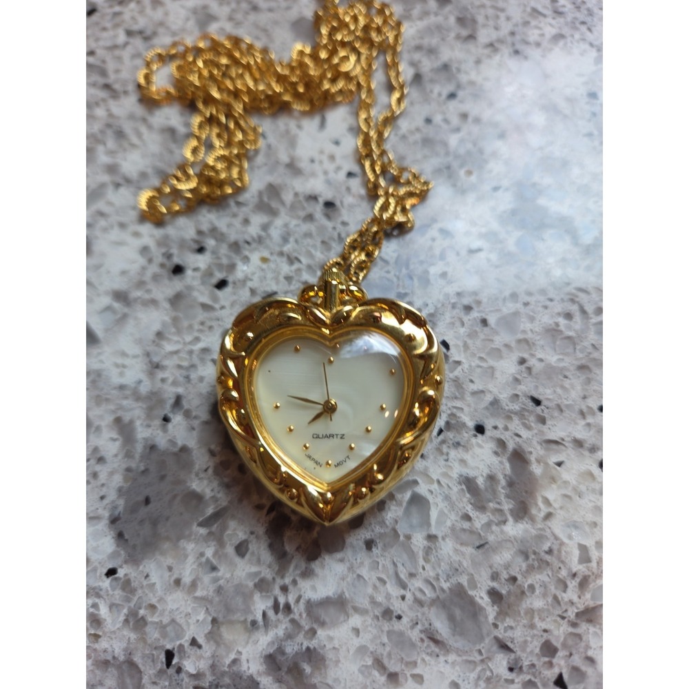 Vintage Avon Necklace Heart Shape Pocket Quartz Watch Women's With Long Chain